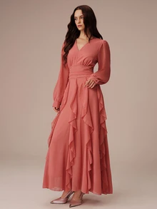 BELROSIE Lightweight Vacation Style Chiffon V-Neck Ruched Waist Ruffle Hem Long Sleeve Dress For Women - Orange - View 7