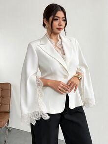 Firerie 大尺碼女款蕾絲拼接休閒通勤西裝外套 - 白色 - 查看 3