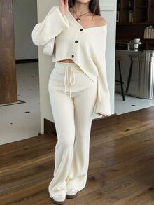 SHEIN EZwear 2件組女款休閒純色寬肩帶開襟衫與抽繩腰寬腿褲套裝，秋季/旅行黑色 - 杏色 - 查看 7