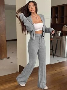 SHEIN EZwear 2件組女款休閒純色寬肩帶開襟衫與抽繩腰喇叭褲套裝，適合秋季/旅行，黑色 - 淺灰色 - 查看 3