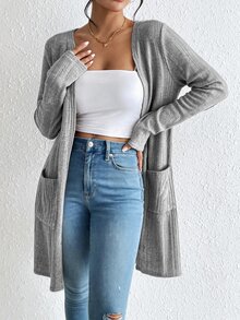 SHEIN BASICS Women's Solid Color Casual Versatile Daily Wear Cardigan - Light Grey - View 2