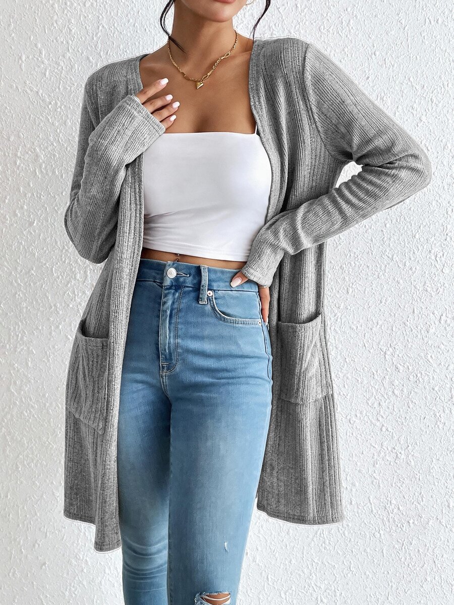 SHEIN BASICS Áo cardigan nữ màu trơn phong cách thường ngày đa năng mặc hàng ngày - Màu Xám nhạt - Xem 1