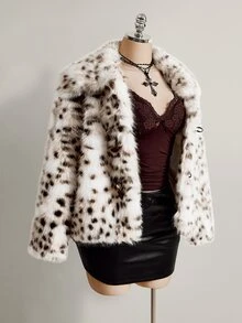 SHEIN ICON Plus Size Women's Leopard Print Casual Versatile Faux Fur Coat - Black and White - View 7