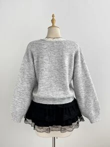 Elamini Women's Autumn/Winter Fashion Elegant Versatile Party Photo-Ready Hollow Bow Pullover Sweater - Grey - View 2