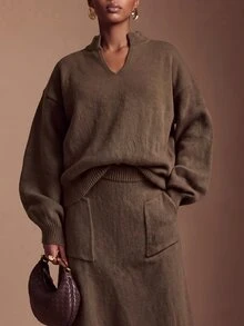 Zivah 女款棕色針織毛衣套裝，寬鬆版型立領長袖上衣搭配 A 字口袋裙 - 咖啡棕 - 查看 8