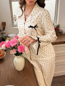 Snug Reverie Women's Apricot Star Print Romantic Fresh Style Long Sleeve & Long Pants Pajama Set, Bow Design On Cuffs And Ankles, Suitable For All Seasons, Home And Outdoor Wear - Apricot - View 3