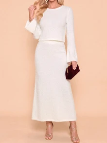 Amorya Women's Round Neck Flared Sleeve Top & A-Line Skirt Winter Fuzzy Soft 2 Pieces Set - White - View 7