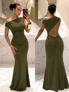 Slaydiva Summer New Year Valentine's Day Party Banquet Date Birthday Party College Style Student Wear Daily Street Wear All-Match Versatile Casual Cruise Travel Viral Hot Item Elegant Commute Business Casual Elegant Romantic Sexy Party Sexy Asymmetrical Shoulder Asymmetrical Neck Sleeveless Backless Design Tight Bodycon Super Long Mermaid Dress Party Super Long Dress Dress-B - Army Green - View 1