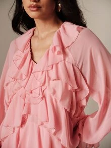 BELROSIE Women's Dress Loose Long Fit Chiffon V-Neck Multi-Layer Ruffles Asymmetrical Hem Elastic Cuffs Elegant Romantic Soft Pink Solid Party Tea Party Date Fall - Pink - View 5