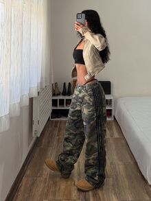 StreetHx Women's Camouflage Pattern Side Stripe Wide Leg Loose Jeans - Army Green - View 2
