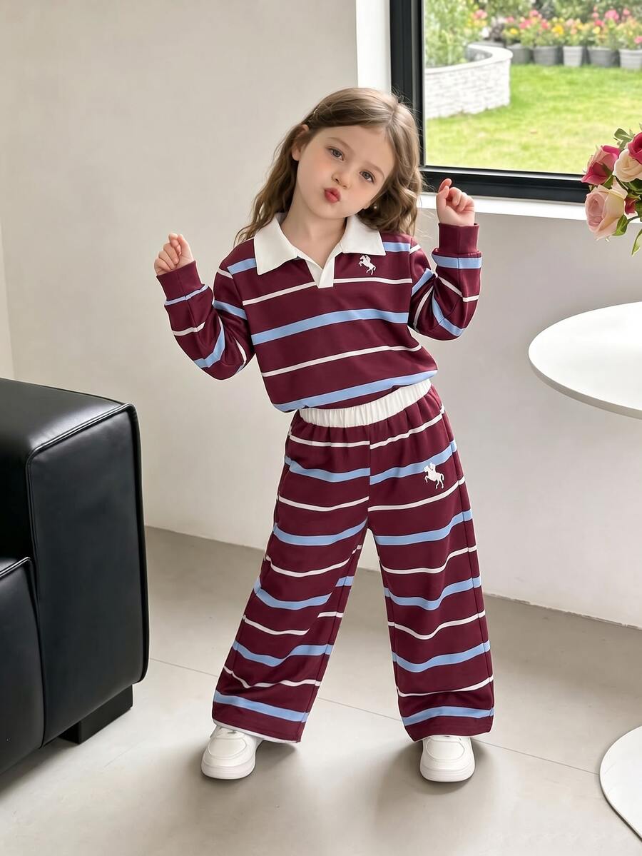SHEIN Playful Pals 女款復古條紋兩件套,休閒上衣搭配條紋寬腿褲,適合校園、日常、秋冬休閒穿著 - 棕色 - 查看 1