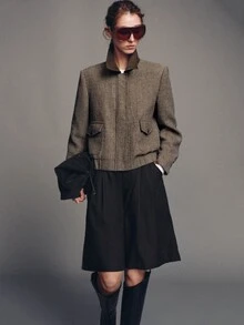 MOTF PREMIUM Wide Shoulder Silhouette Herringbone Contrast Collar Jacket Coat Autumn/Winter - Brown - View 5