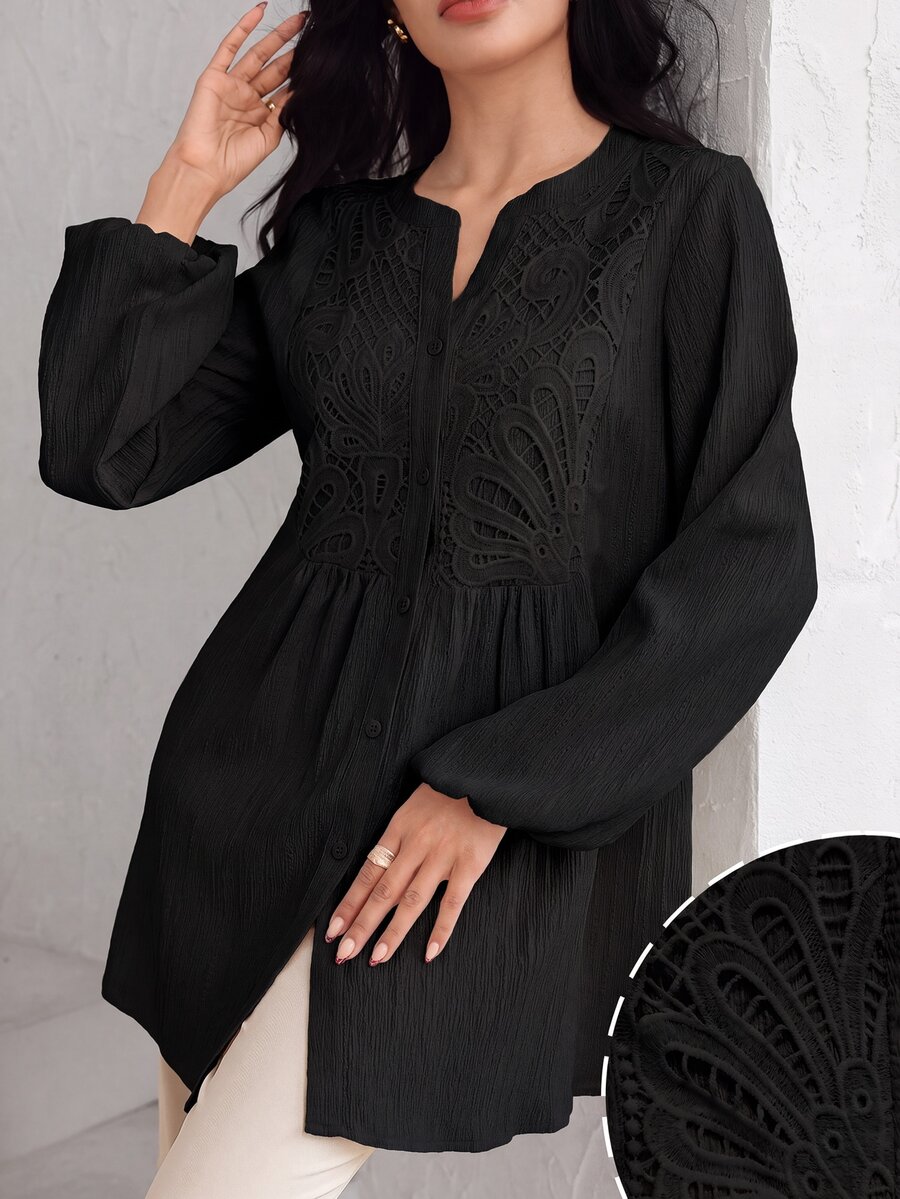 Graceveil Women's Lace Patchwork Textured Lantern Sleeve Blouse - Black - View 1