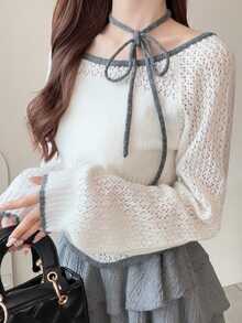 FRIFUL Women's Tie Design Contrast Trim Long Sleeve Hollow Out Versatile Sweater - Apricot - View 2