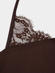 Sweetra Women's Brown Casual Minimalist Versatile Lace Patchwork Halter Neck Halterneck Cinched Waist Sweatshirt - Coffee Brown - View 4