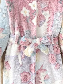 SHEIN 女童秋冬甜美卡通星星彩虹獨角獸圖案保暖內裡厚絨連帽長袖抽繩家居服睡袍睡衣 - 珊瑚粉 - 查看 4