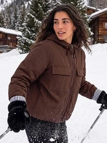 Exploreva Winter Brown Hooded Double Pocket Striped Contrast Cuff Waist-Cinching Hem Padded Coat - Coffee Brown - View 4