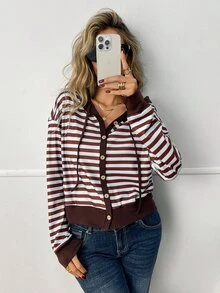 Elyressa Ladies Cropped Striped Hoodie, Button Down Drawstring Hood Long Sleeve Color Block Casual Sweatshirt - Multicolor - View 1