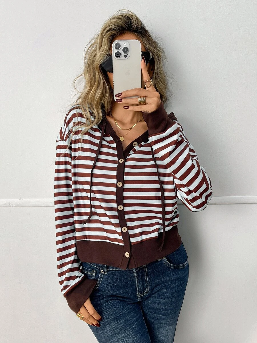 Elyressa Ladies Cropped Striped Hoodie, Button Down Drawstring Hood Long Sleeve Color Block Casual Sweatshirt - Multicolor - View 1