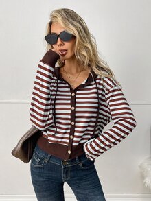 Elyressa Ladies Cropped Striped Hoodie, Button Down Drawstring Hood Long Sleeve Color Block Casual Sweatshirt - Multicolor - View 5