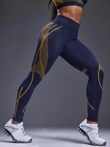 Powerista 女款拼色休閒日常運動緊身褲 - 藍色 - 查看 2