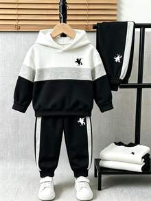 2件組青少年男孩時尚極簡舒適連帽衫與運動長褲套裝，極簡拼接小馬印花設計，適合假期聚會、派對、休閒舒適穿著，男孩春/秋/冬首選，街頭風休閒穿搭，返校聚會適用 - 彩色 - 查看 3