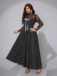 Viva Relle Plus-Size Sexy Lace Polka Dot Bow Dress Fall - Black - View 4