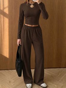 SHEIN EZwear طقم نسائي بلون موحد بأكمام طويلة و بنطال كاجوال للاستخدام اليومي - بني - مشاهدة 5