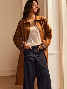 Écloséra French Style Brown Mid-Length Coat With Leopard Print Patchwork Cuffs, Vintage Casual Elegant Fall/ Jacket Office - Brown - View 3