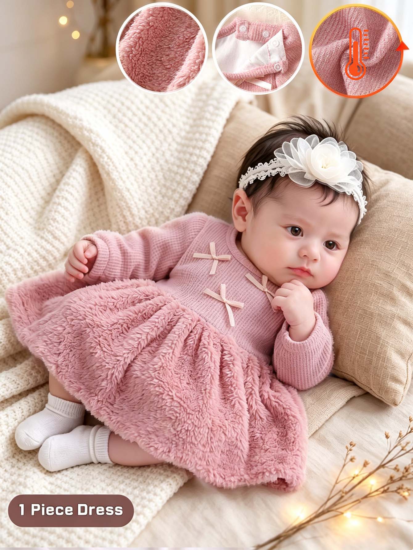 SHEIN 1 Piece Baby Girls Tutu Dress Cute Sweet Dusty Pink Bowknot Fuzzy Plush Skirt Long Sleeve Round Neck Thick Birthday Winter Fall Jumpers - Dusty Pink - View 1