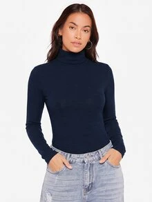 SHEIN BASICS 女款純色高領長袖修身休閒百搭T恤 - 藏蓝色 - 查看 4