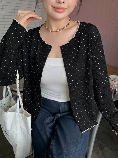 Dazy Plus Cardigan Kasual Elegan Lengan Panjang Kerah Bulat Hitam Kecil dengan Kancing Depan untuk Anak Perempuan, Pakaian Rumahan Musim Gugur untuk Bepergian