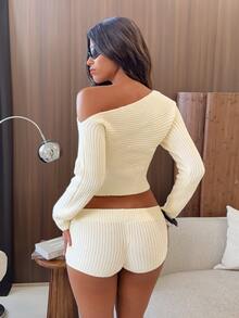 BAD SUNDAY Autumn/Winter Women's Asymmetrical Shoulder Striped Sweater 2 Pieces Set, Home Style Y2K Lazy Ins Aesthetic - Beige - View 2