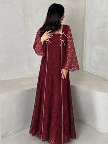 Al Najma Women Spring Fall Elegant Wine Red Lace Square Neck Flare Sleeve Pink Bow Decor Loose Dress Modest Outfit For Banquet And Visiting - Burgundy - View 4