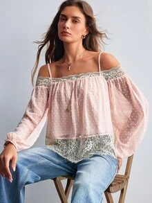 Willow Rêve Women's Chiffon Cut-Out Contrast Lace Long Sleeve Pink Camisole Top - Pink - View 7