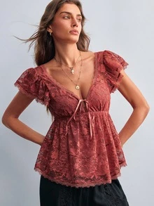 Willow Rêve Women's French Style Lace Tie Top For Date And Outing - Rust Brown - View 4