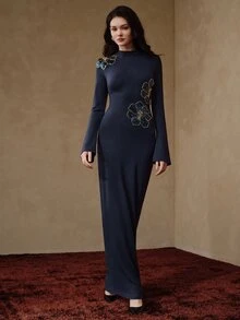 Anewsta Elegant French Style Demure Party Versatile Inner Layer Semi-High Neck Long Sleeve Sequin Floral Knit Contrast Lace Women's Long Dress - Navy Blue - View 5