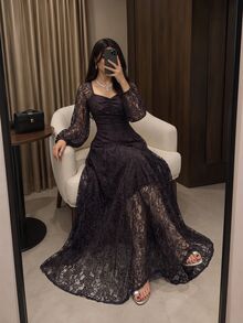 Modelyn Autumn/Winter Lace Waist-Cinching Slimming Elegant Fashionable Long Dress - Coffee - View 8