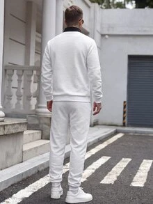 Manfinity Homme 男士針織提花紋理純黑色領口白色拉鍊商務休閒老錢風套頭衛衣套裝 - 白色 - 查看 2