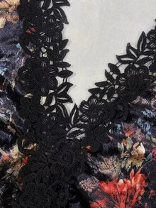 SHEIN Vintage Floral Velvet Dress For Women, Lace Deep V-Neck, Lantern Sleeves, Ruched Waist, Fitted Bodycon Mini Skirt - Multicolor - View 5