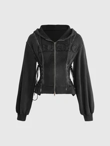 ROMWE Street Life Dark Grey Street Style Slimming Hooded Sweatshirt With Letter Patch Embroidery For Women - Dark Grey - View 1