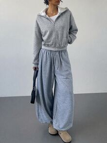 SHEIN BASICS Sweatshirt Fleece Wanita Nyaman dengan Resleting Penuh, Hangat dan Nyaman untuk Pemakaian Sehari-hari di Musim Gugur/Dingin - Grey - View 3