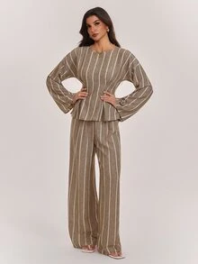 SHEIN Tall Women's Modest-Style Khaki Striped Long-Sleeve Top And Trousers Two Pieces Set - Khaki - View 4