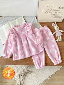 Genkimix Kids 3Pcs Baby Girls Sweatshirt Pants Set Cute Sweet Pink Bow Ruffle Star Print Fuzzy Long Sleeve Round Neck Thick Holiday Winter Fall Plushy - Baby Pink - View 4