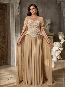 Aureia Plus Size Elegant Glamorous Champagne Beaded Patchwork Mesh Computer Embroidery 2 In 1 Cinched Waist A-Line Heavy Embellished Evening Gown For Important Occasions - Champagne - View 1