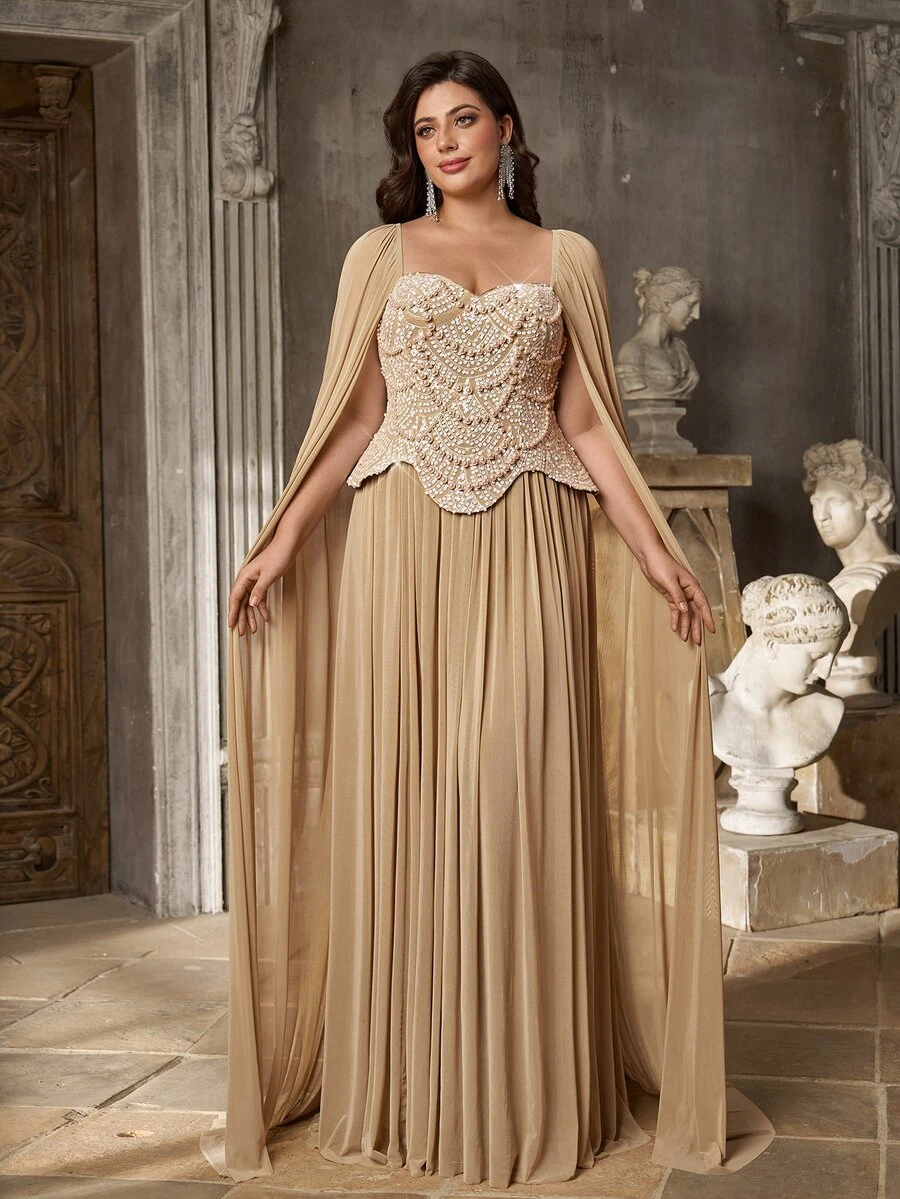 Aureia Plus Size Elegant Glamorous Champagne Beaded Patchwork Mesh Computer Embroidery 2 In 1 Cinched Waist A-Line Heavy Embellished Evening Gown For Important Occasions - Champagne - View 1