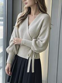 SHEIN PariChic Women's Solid Color Long Sleeve Side Knot Casual Knit Cardigan - Apricot - View 5