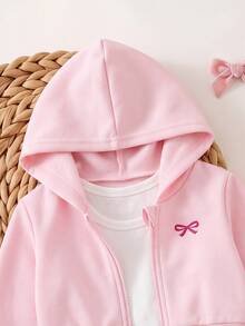 SHEIN Baby Girl Bow Embroidery Pattern Hooded Sweatshirt And Autumn Pants Casual Daily Outfit - Pink - View 6