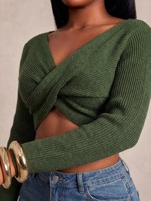 SHEIN SXY Army Green Twisted V-Neck Slim Fit Long Sleeve Cropped Sweater - Army Green - View 6