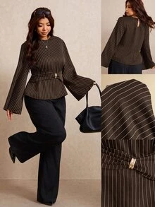 Elaquor Plus Size Fashion Commuter Striped Waist-Cinching Blouse Fall - Brown - View 1